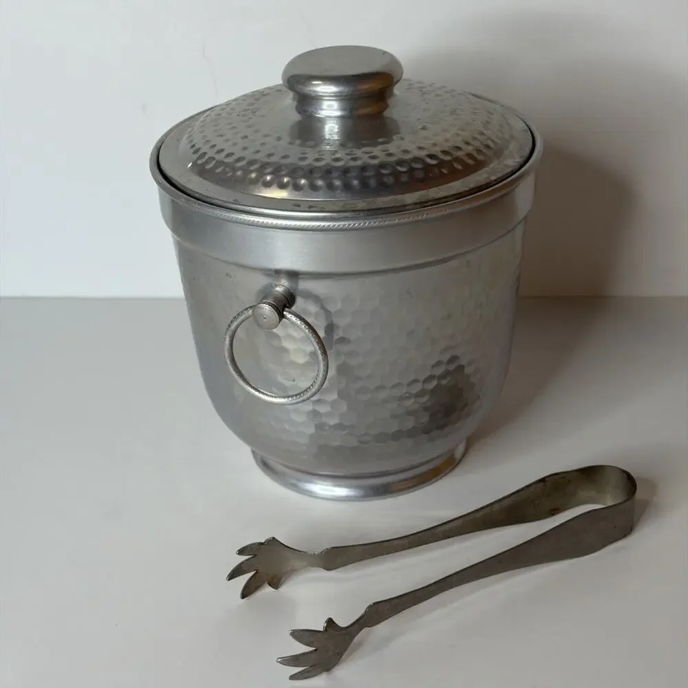 Vintage Hammered Aluminum Ice Bucket and Tongs Mid Century Barware Made in Italy